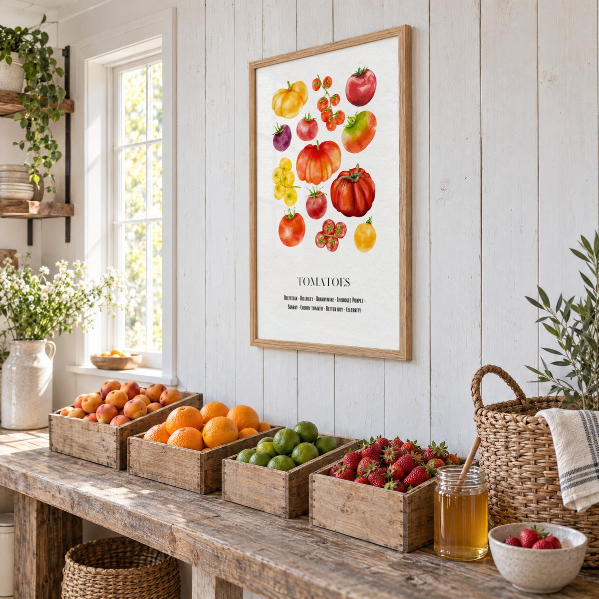 TOMATOES watercolor heirloom varieties chart print in an oak frame on white plank walls above wooden crates of fresh fruit, seen at an angle