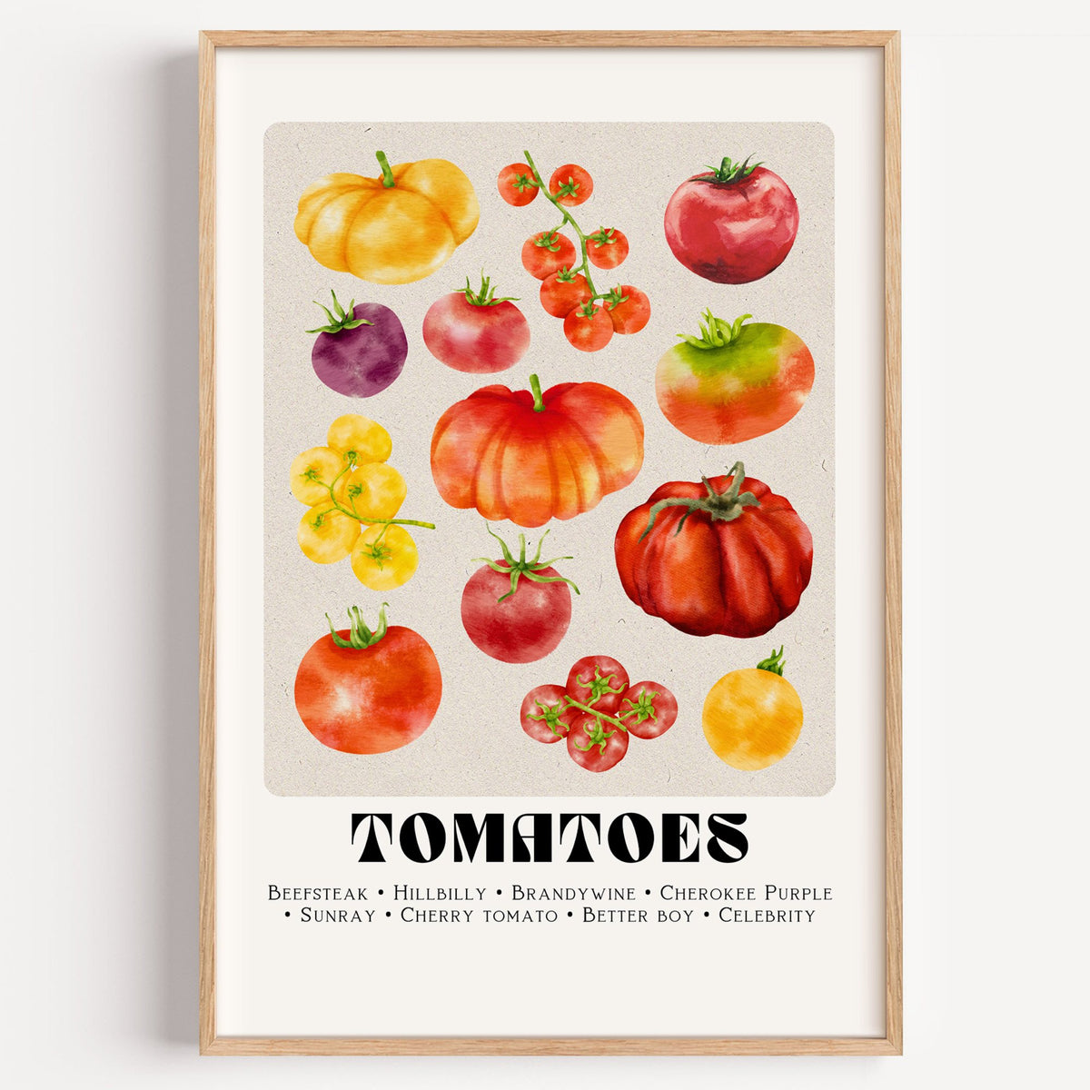 Tomato varieties watercolor print in a light oak frame on a plain white wall