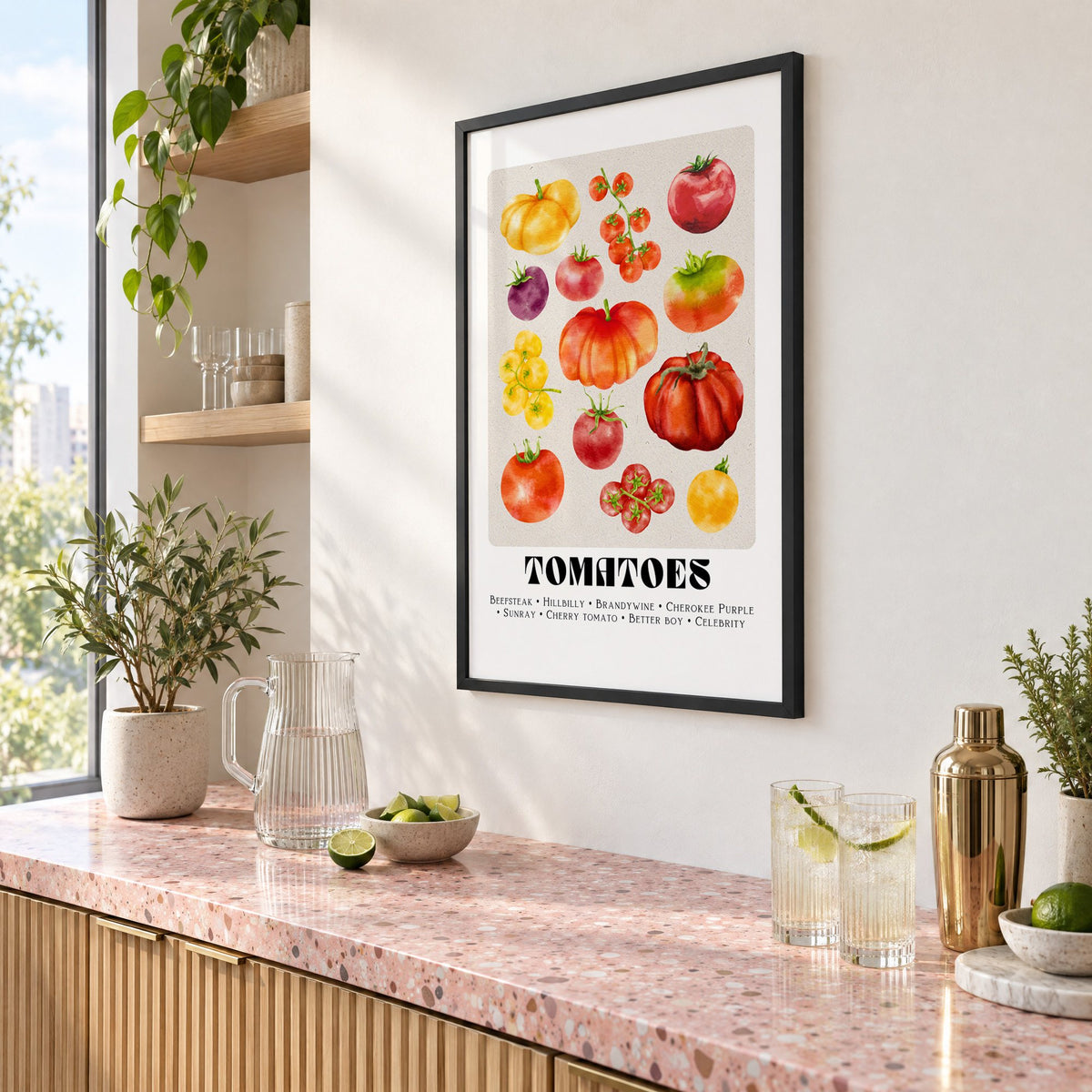 Tomato varieties watercolor print in a black frame above a pink terrazzo cocktail counter with limes, seen at an angle