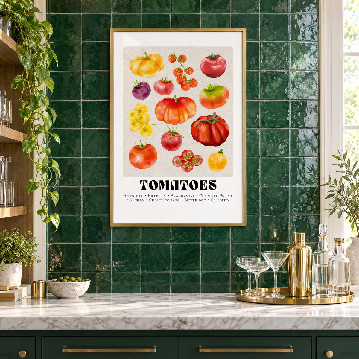 Tomato varieties watercolor print in a brass frame on emerald green tiles above a home bar with coupe glasses