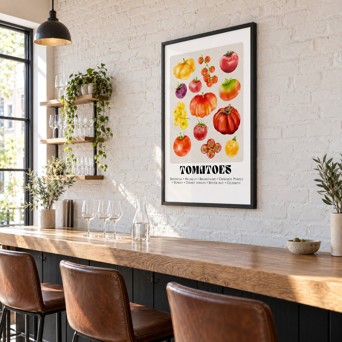 Tomato varieties watercolor print in a black frame on a white brick wall above a wine bar counter