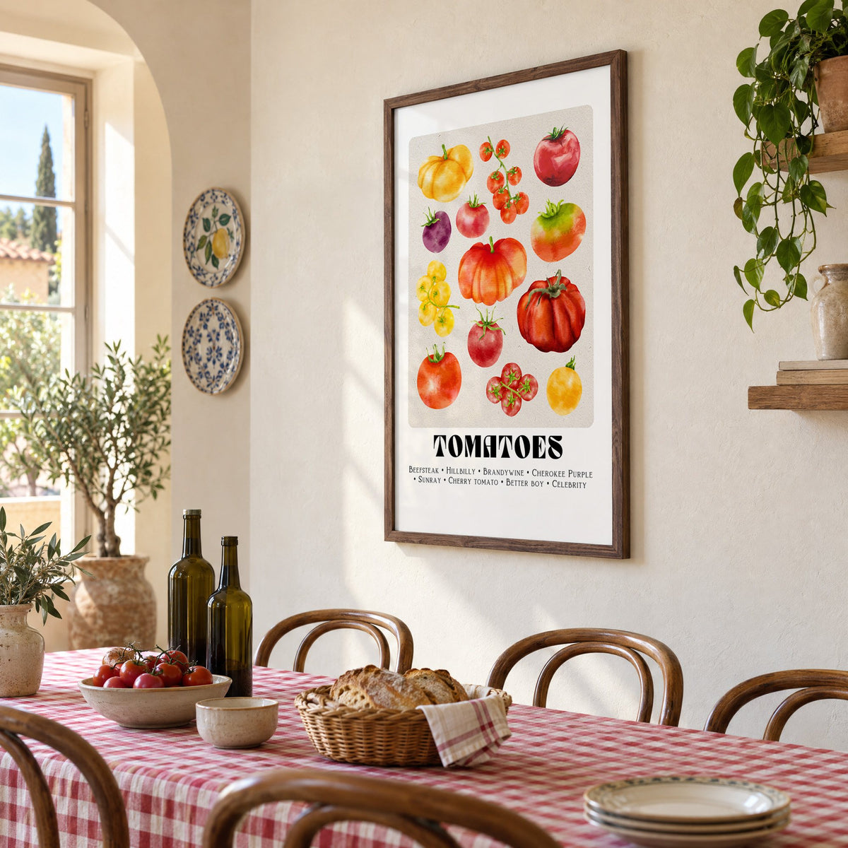 Tomato varieties watercolor print in a walnut frame above a gingham-covered trattoria table, seen at an angle