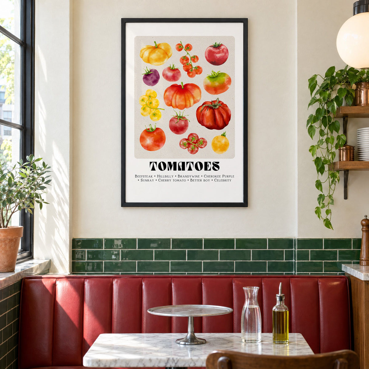 Tomato varieties watercolor print in a black frame above a red leather booth in a sunny pizzeria
