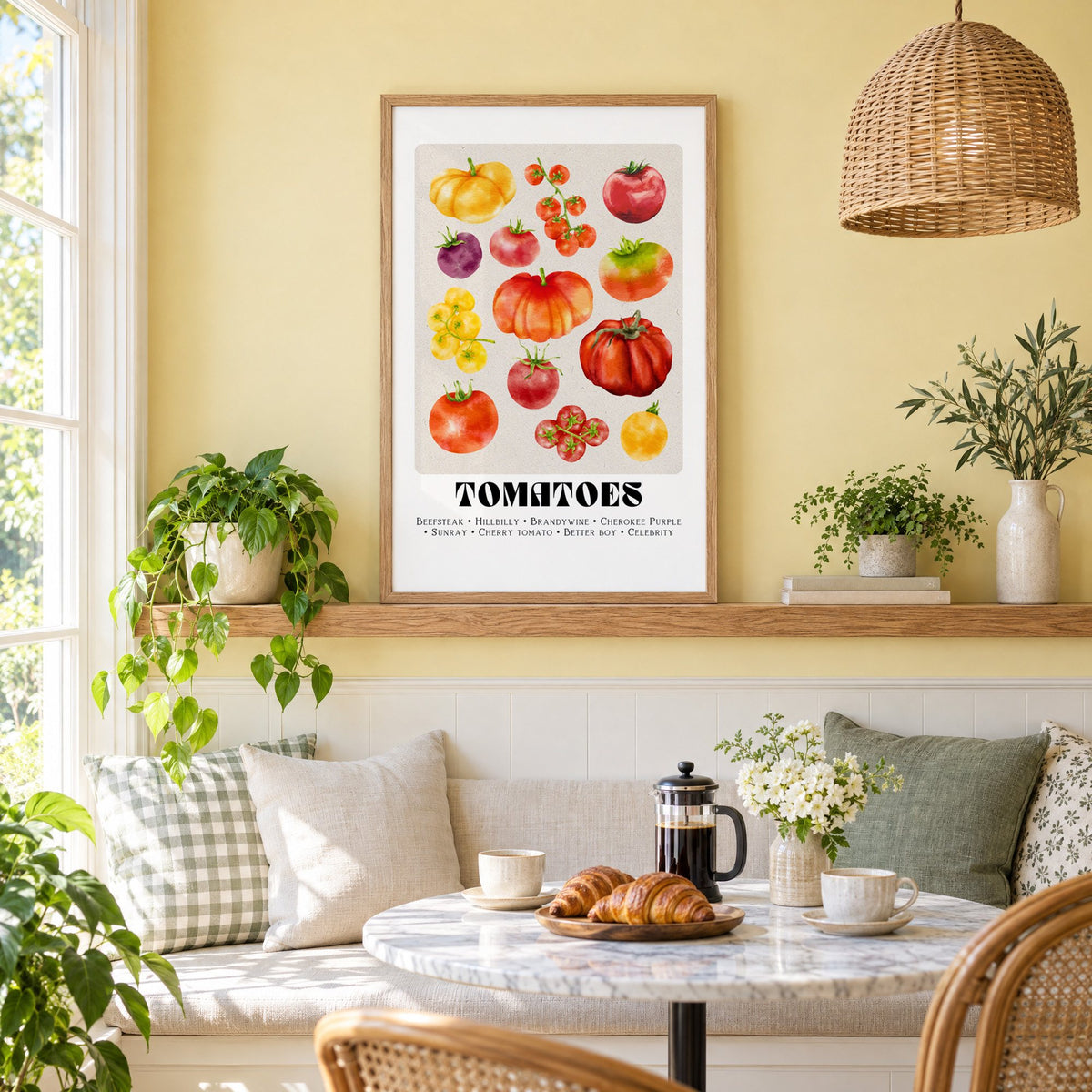 Tomato varieties watercolor print in an oak frame on a picture ledge above a sunny breakfast nook