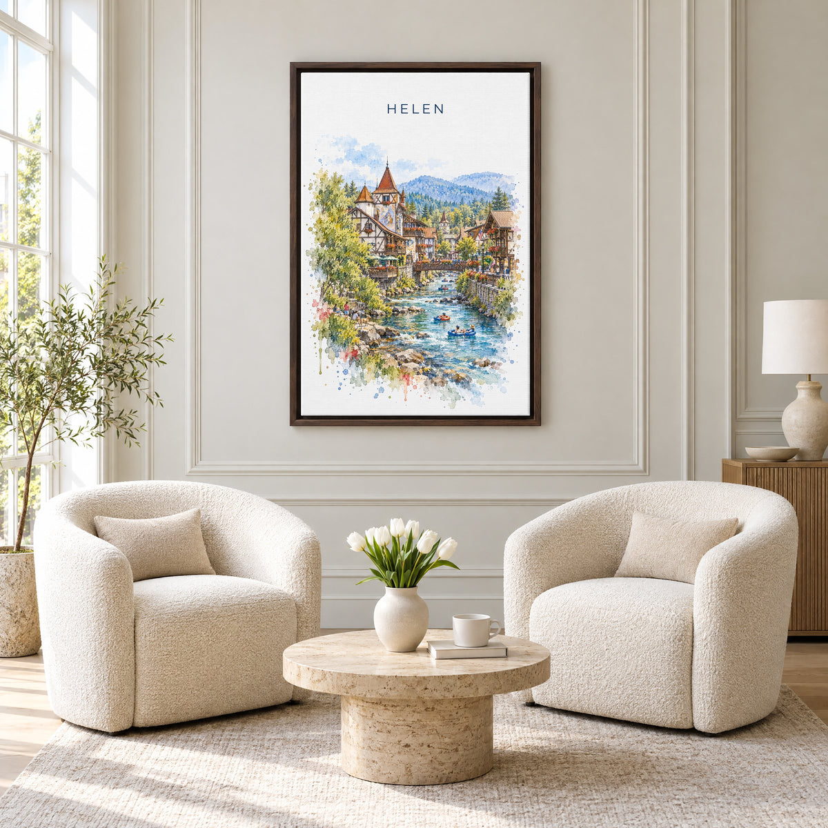 Helen, Georgia watercolor print as an espresso floater canvas above two boucle armchairs in a hotel lounge