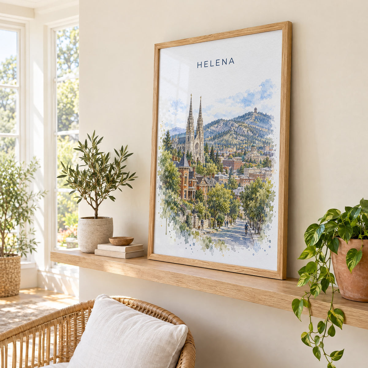 Helena, Montana watercolor print in an oak frame on a picture ledge in a sunlit sunroom