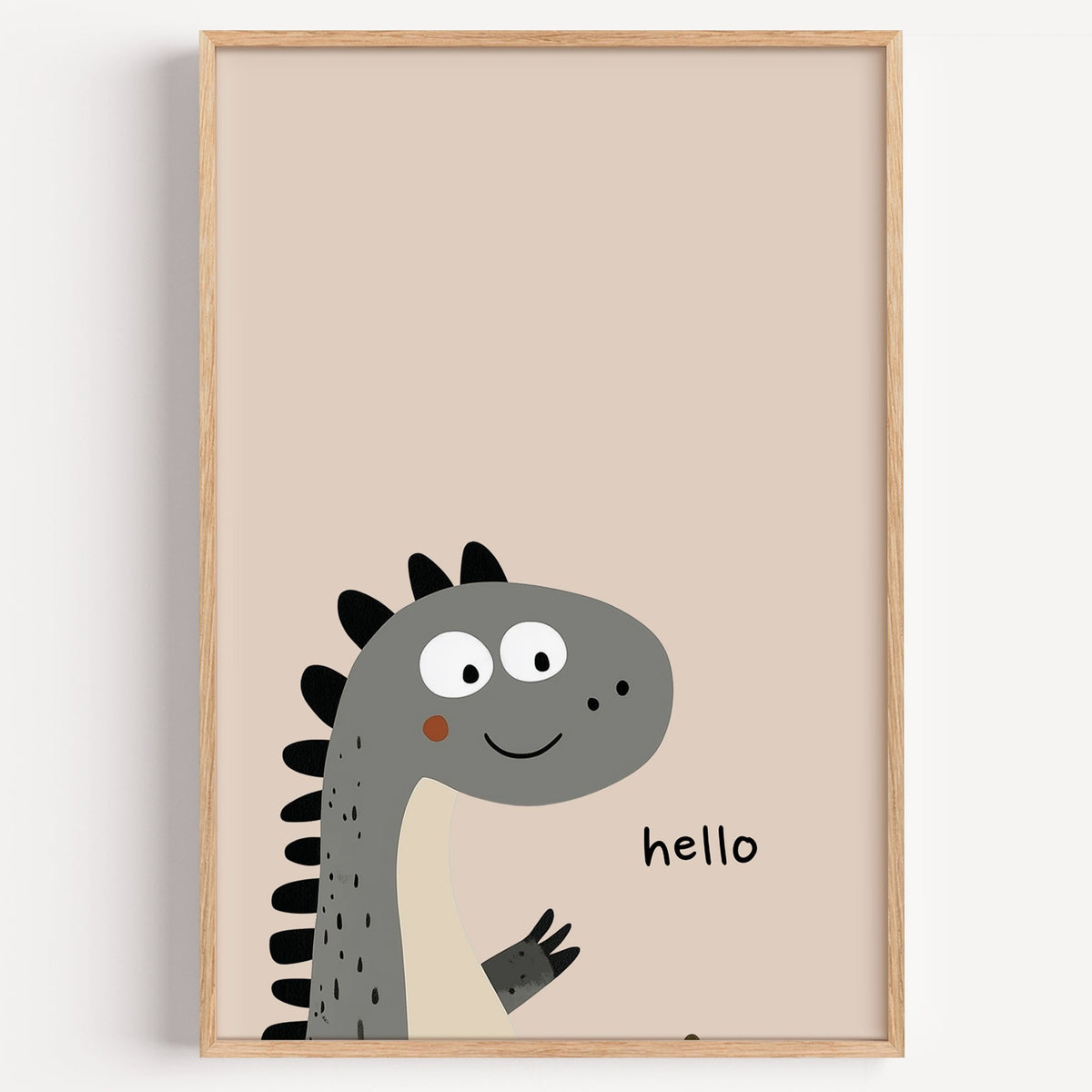Hello peeking dinosaur nursery print in a light oak frame on a plain white wall