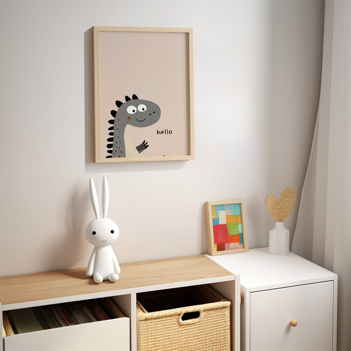 Hello peeking dinosaur nursery print in an oak frame above a kids cubby shelf with a woven basket and bunny lamp