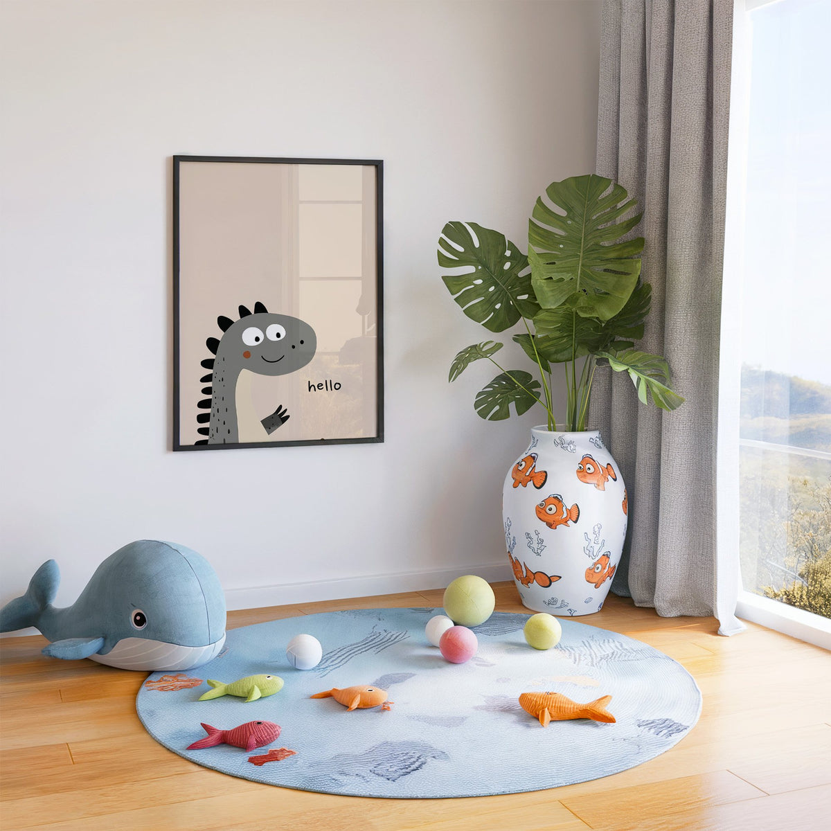 Hello peeking dinosaur nursery print in a black frame in a playroom with an ocean rug and whale plush