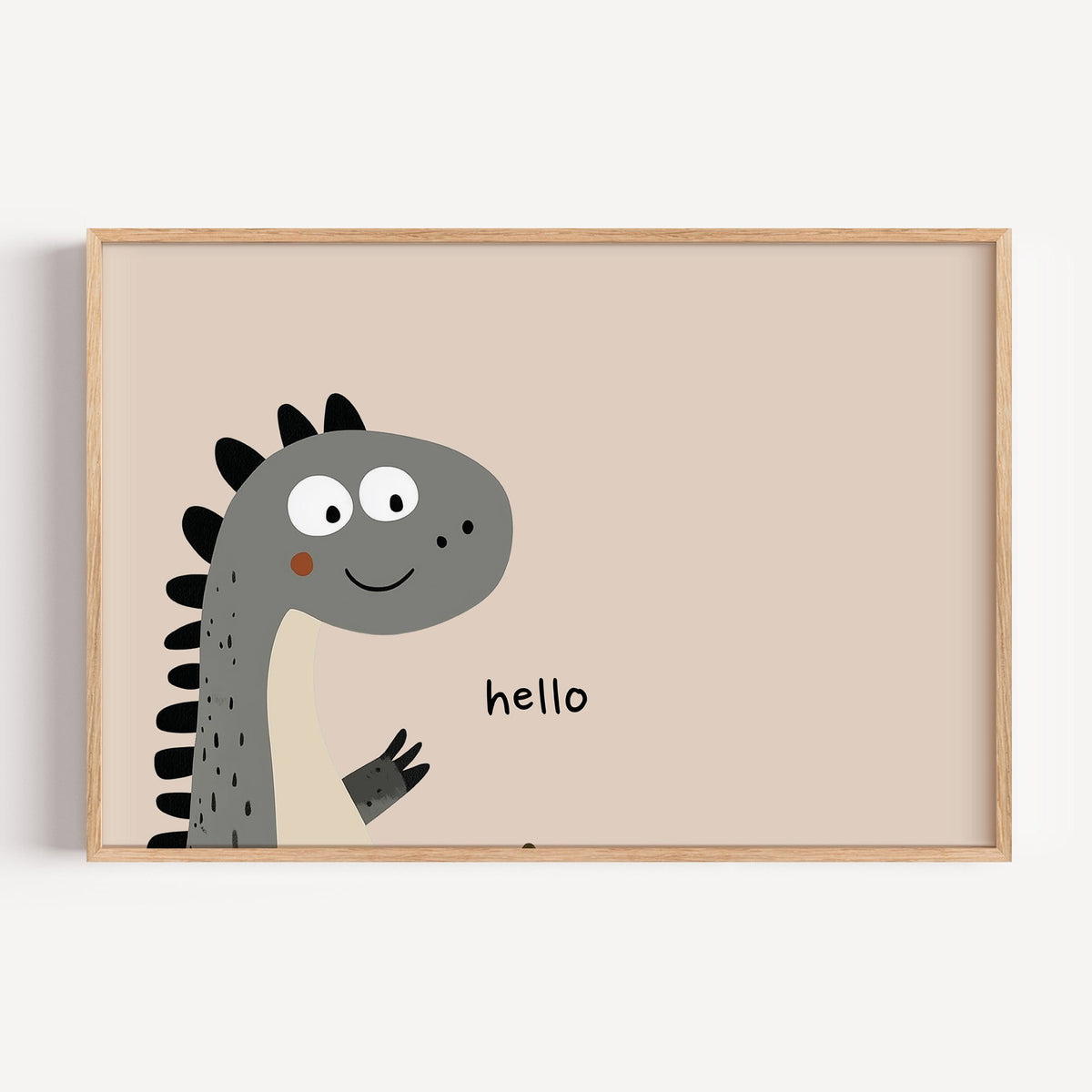 Landscape hello peeking dinosaur nursery print in a light oak frame on a plain white wall