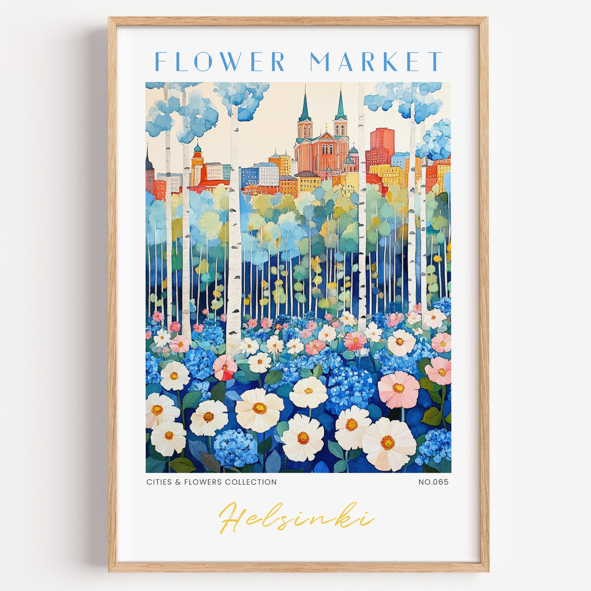 Helsinki flower market print in a light oak frame on a plain white wall