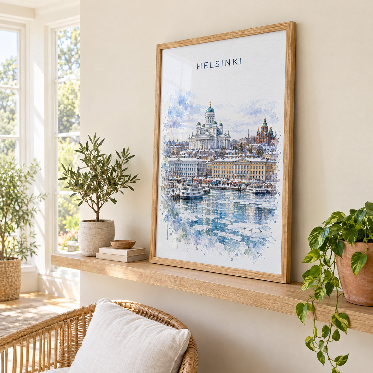 Helsinki watercolor print in an oak frame on a picture ledge in a sunlit sunroom