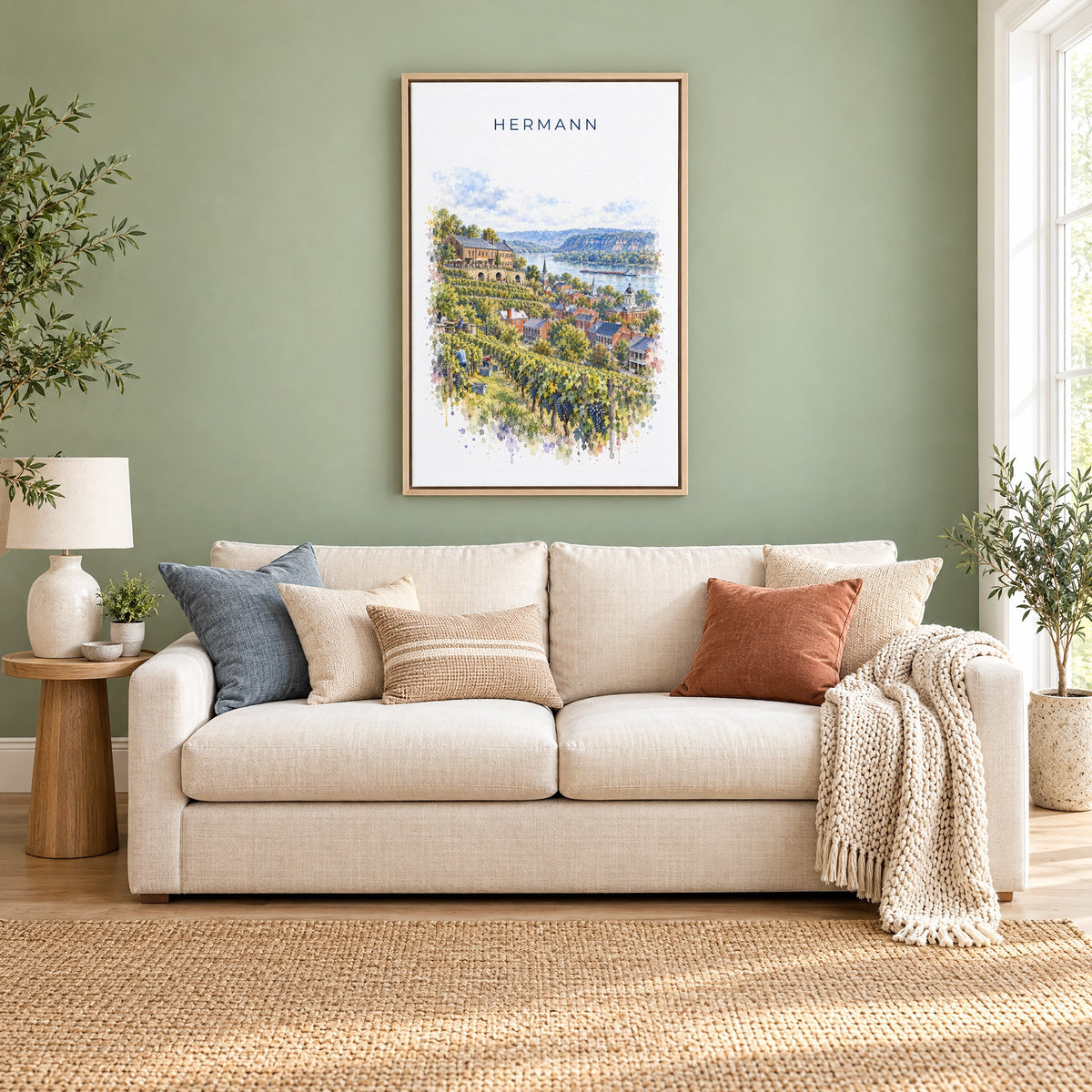 Hermann, Missouri watercolor print as a natural floater canvas above a cream linen sofa on a sage green wall