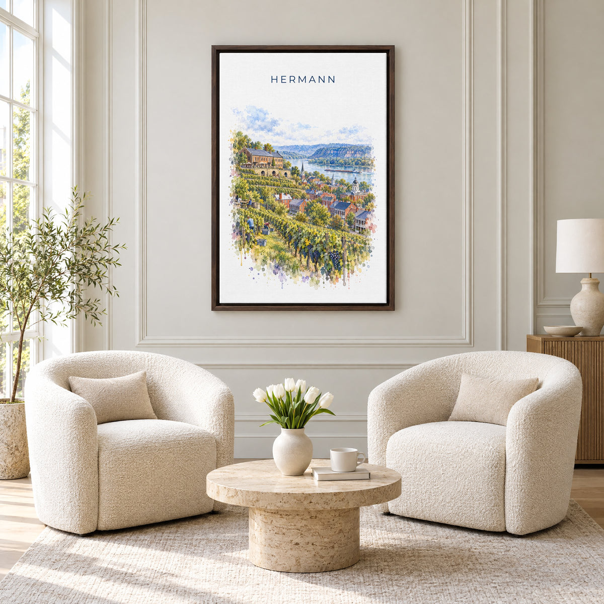Hermann, Missouri watercolor print as an espresso floater canvas above two boucle armchairs in a hotel lounge