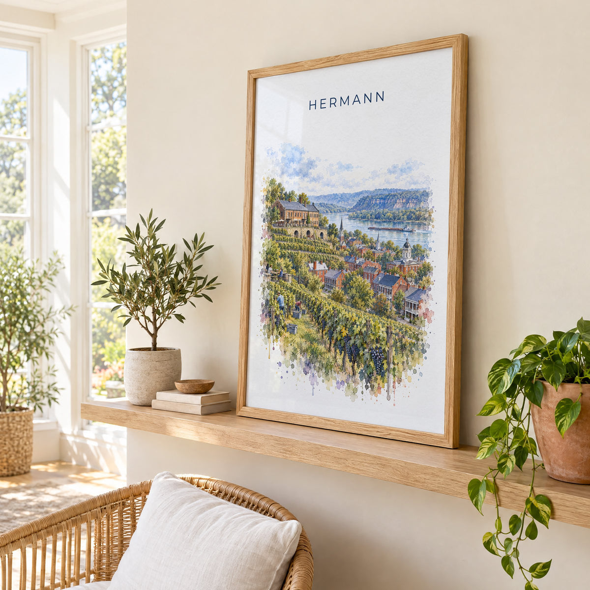 Hermann, Missouri watercolor print in an oak frame on a picture ledge in a sunlit sunroom