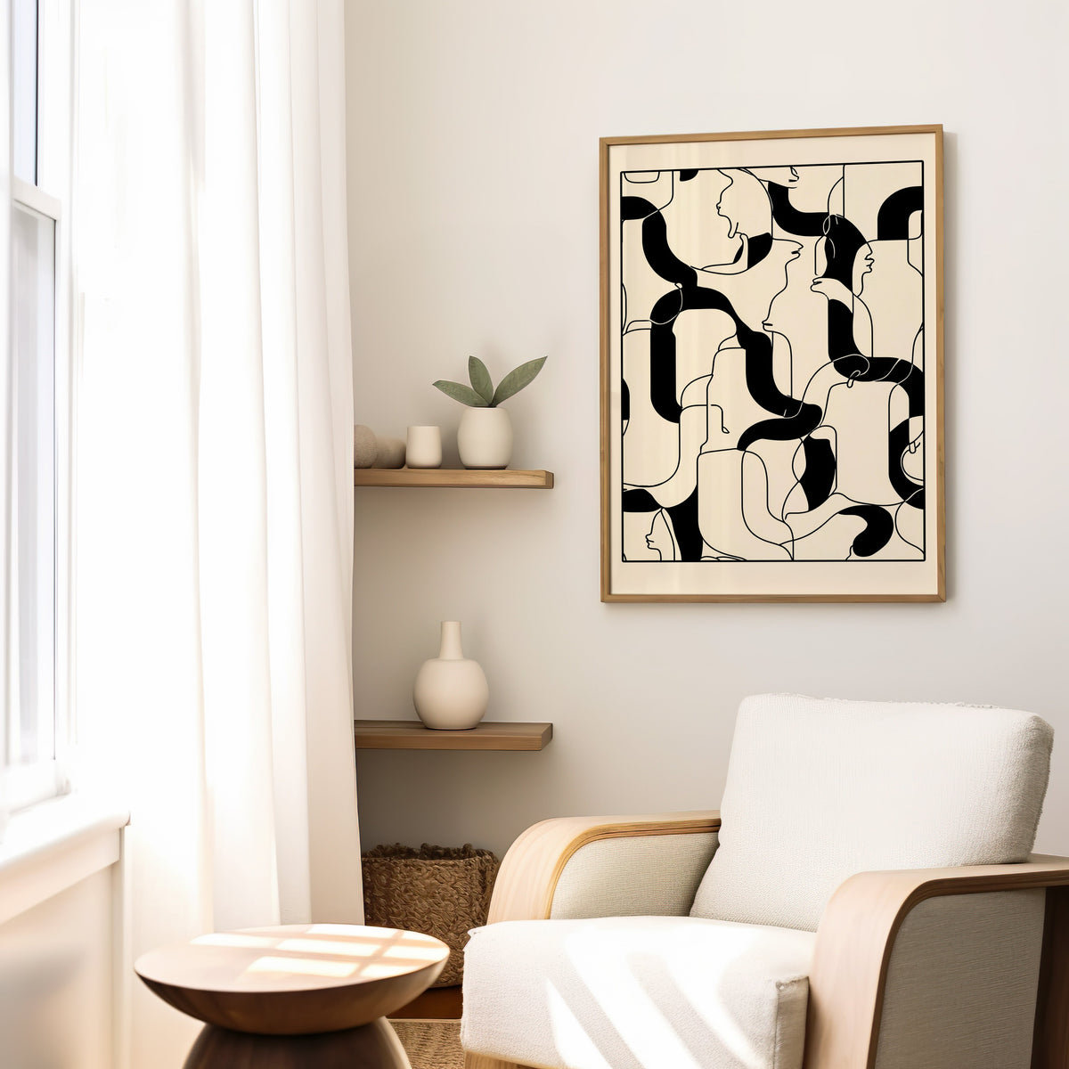 Hidden faces line art maze minimalist print in a slim oak frame above a cream boucle armchair by floating shelves