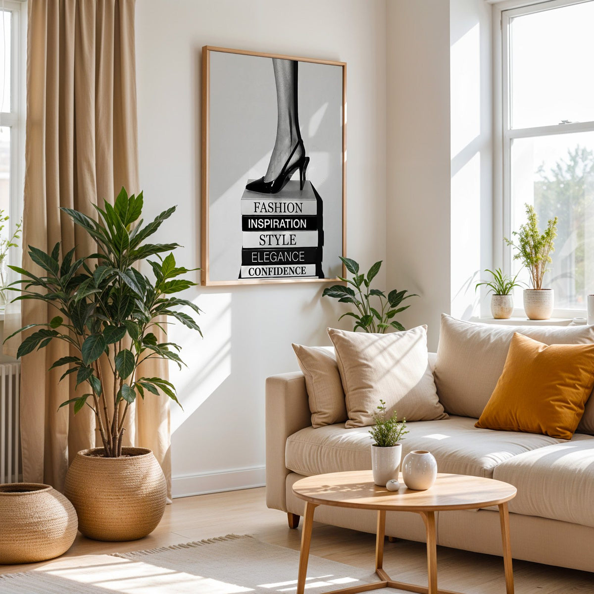 Black slingback heel on stack of word books print in an oak frame above a cream sofa beside woven planters