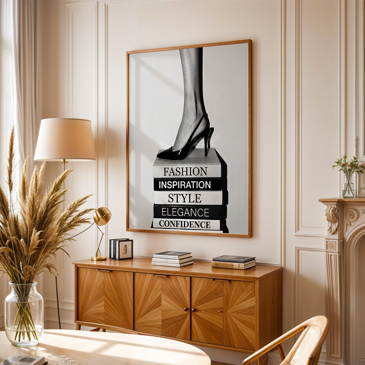 Black slingback heel on stack of word books print in an oak frame above a sunburst wood sideboard with pampas grass