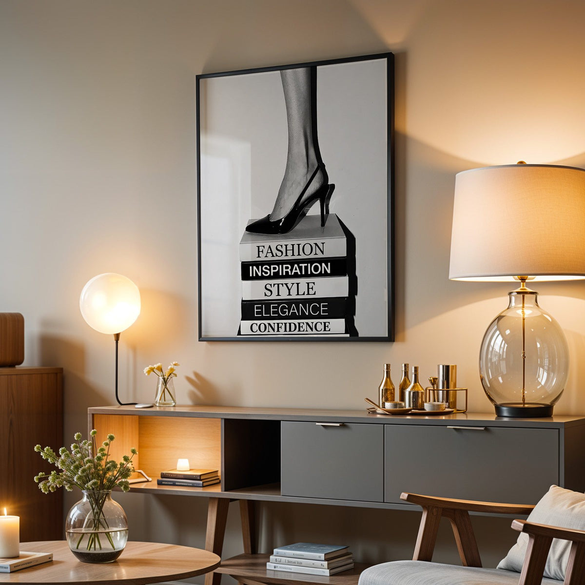 Black slingback heel on stack of word books print in a black frame above a grey media console with a glass table lamp