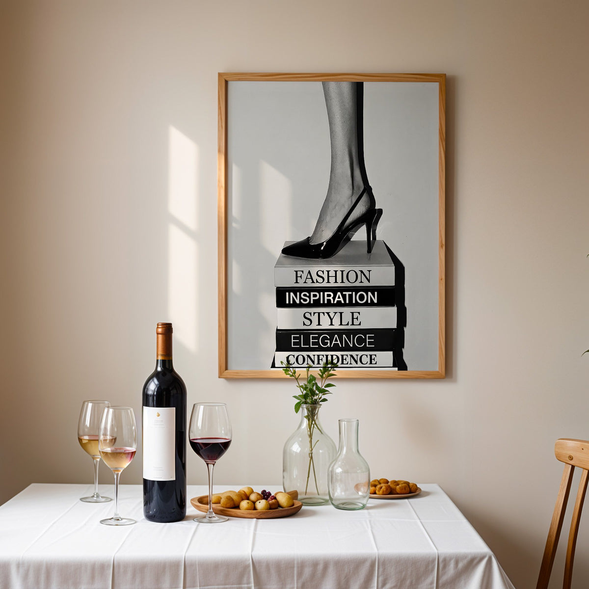Black slingback heel on stack of word books print in an oak frame above a table set with red wine and glasses