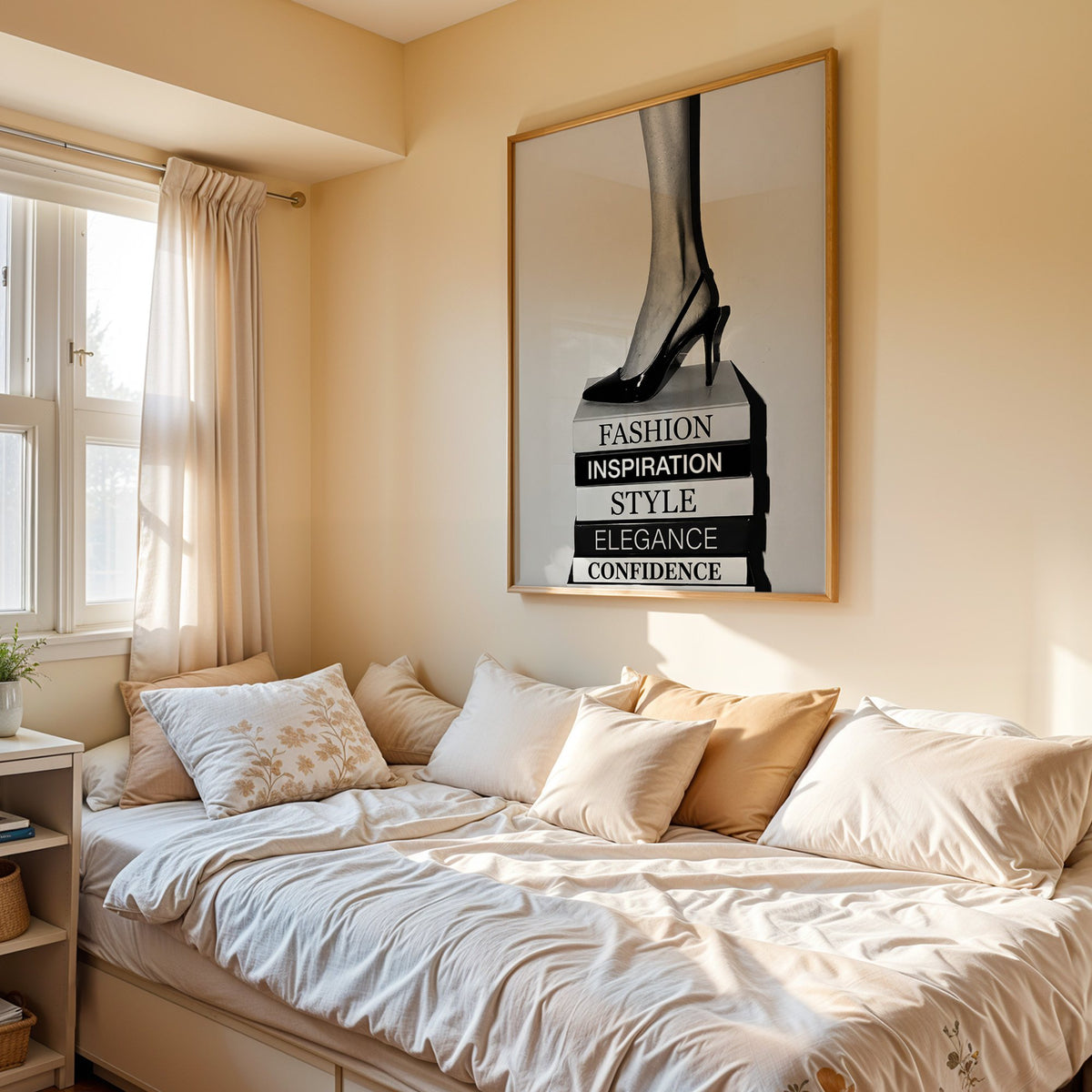 Black slingback heel on stack of word books print in an oak frame above a cream daybed in a sunny bedroom