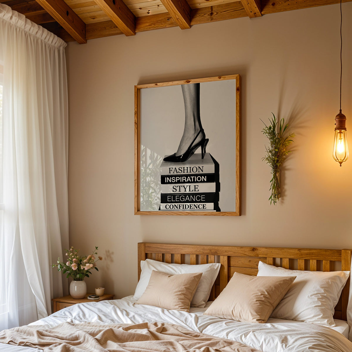 Black slingback heel on stack of word books print in a pine frame above a wood headboard bed under a pendant bulb