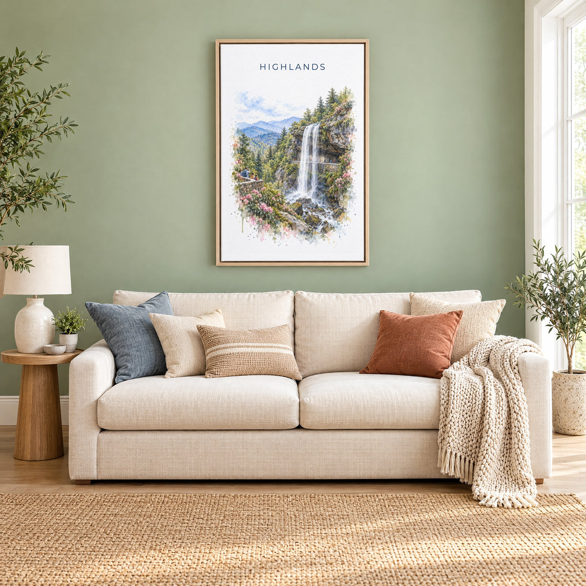Highlands, North Carolina watercolor print as a natural floater canvas above a cream linen sofa on a sage green wall
