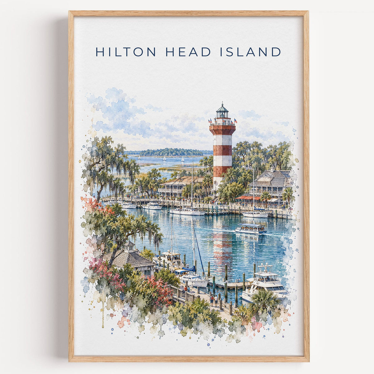 Hilton Head Island watercolor print in a light oak frame on a plain white wall