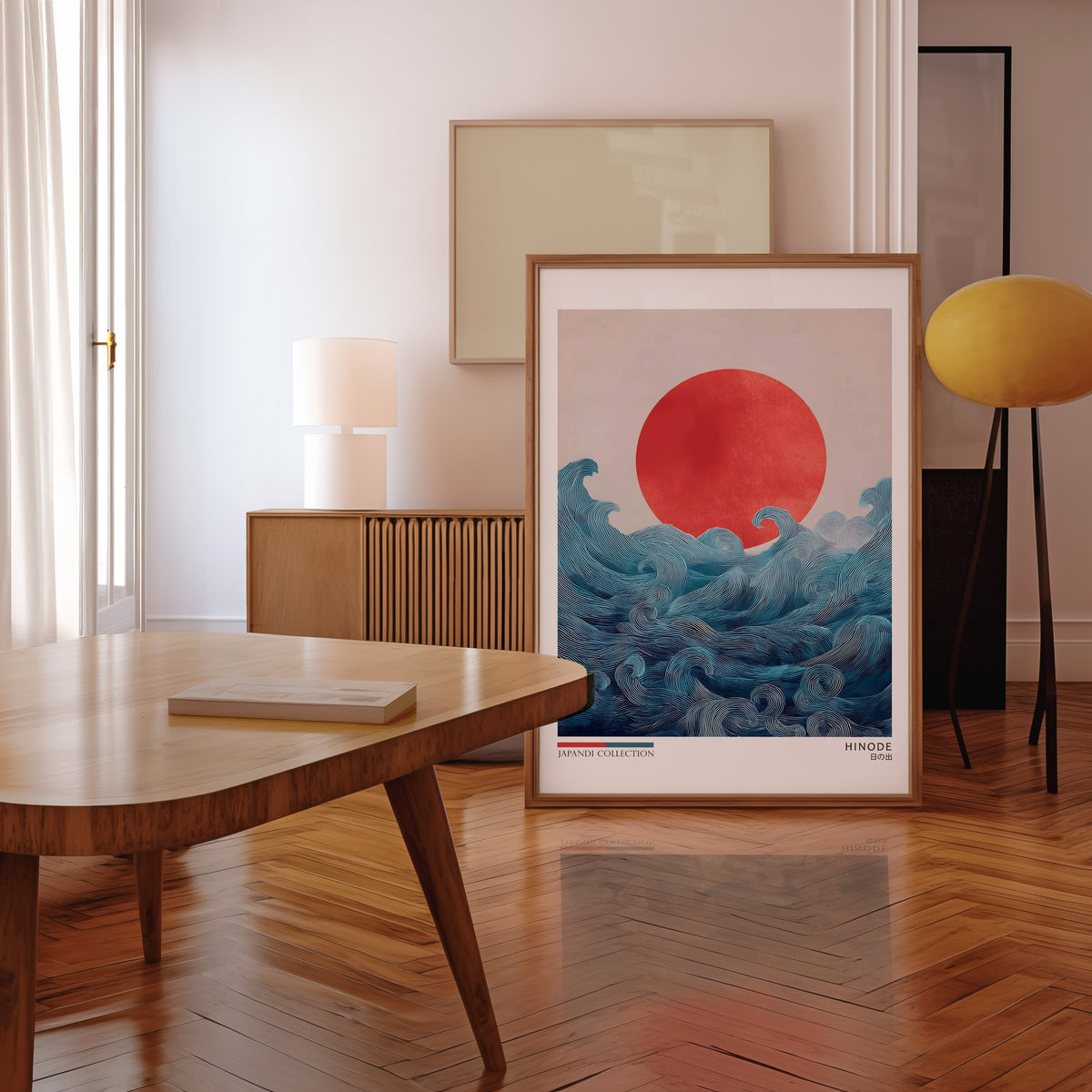 Hinode red sun over waves print in a walnut frame leaning in a mid-century living room
