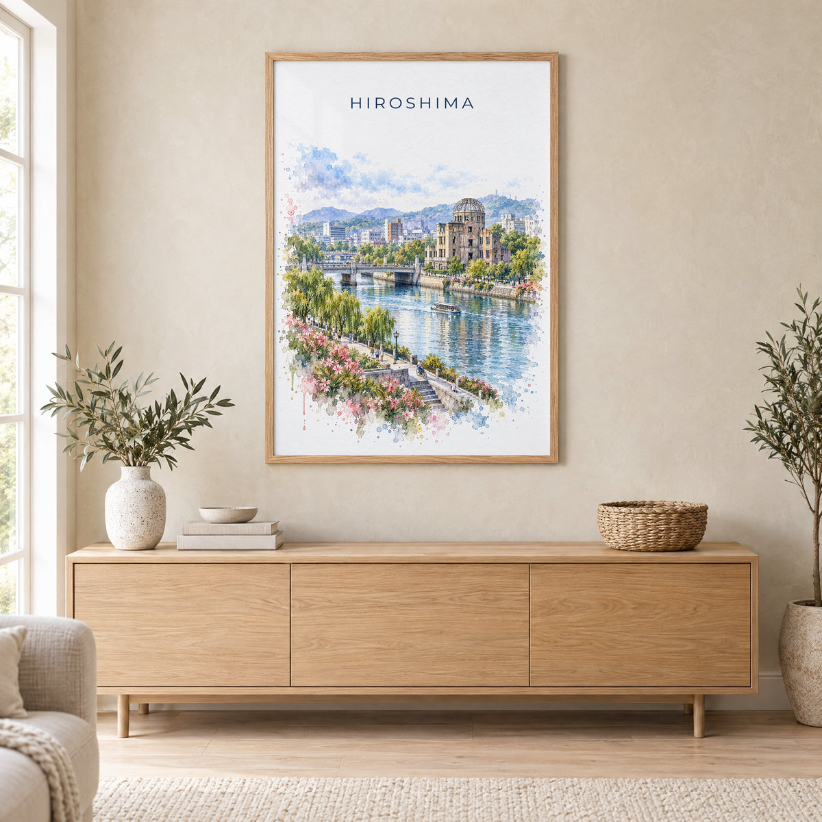 Hiroshima watercolor print in an oak frame above a light wood sideboard in a Scandinavian living room