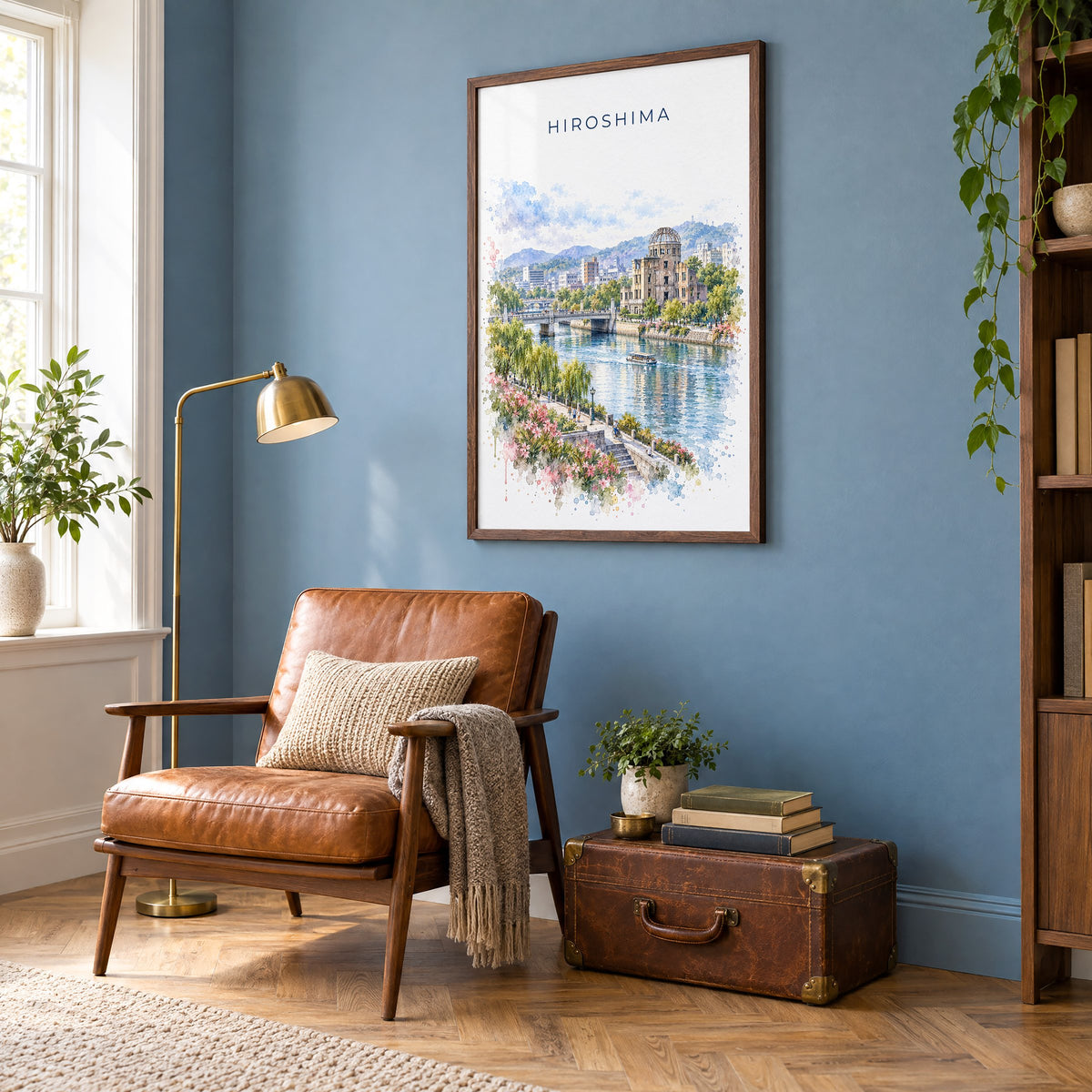 Hiroshima watercolor print in a walnut frame on a blue wall above a leather armchair in a reading nook