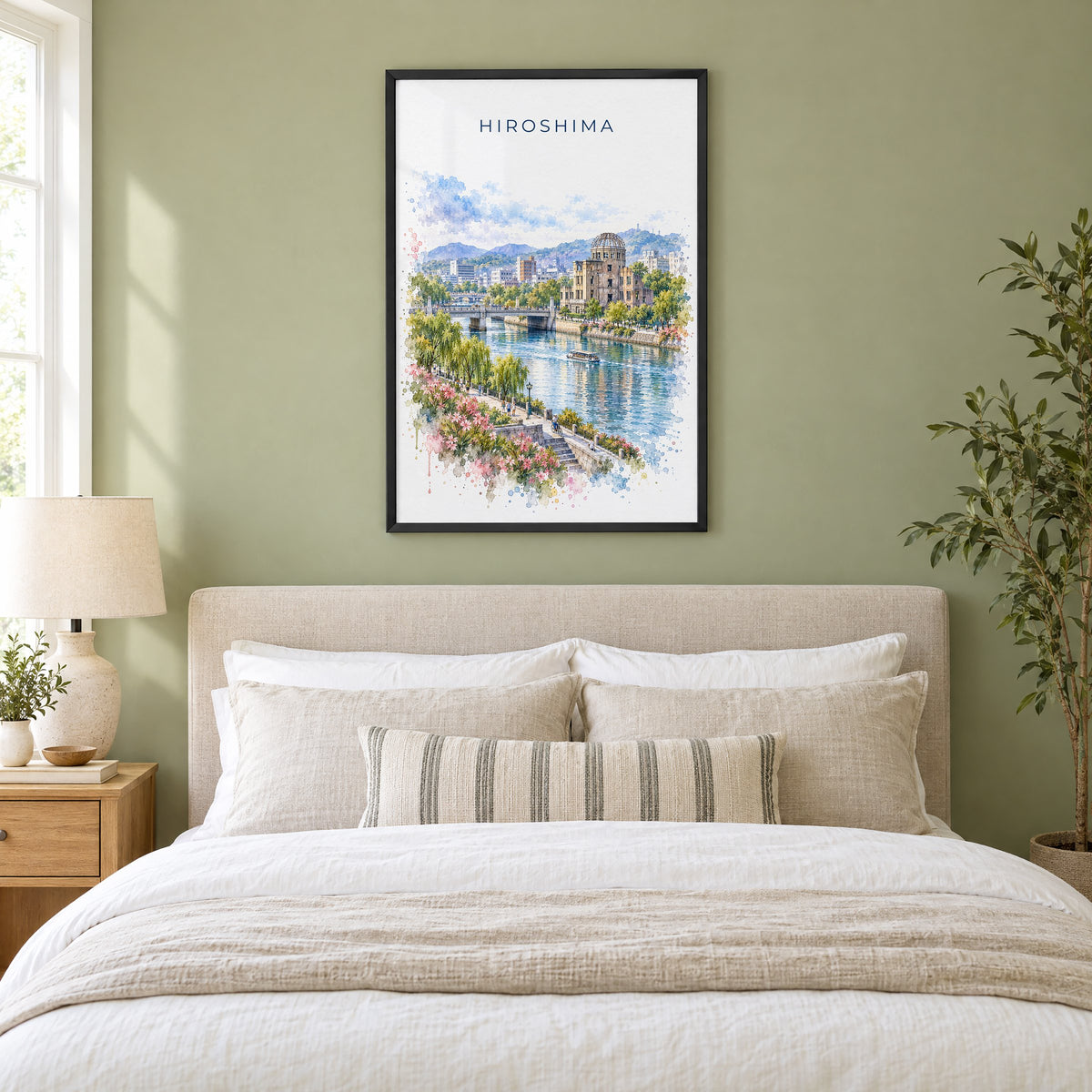 Hiroshima watercolor print in a black frame above an upholstered headboard in a sage green bedroom