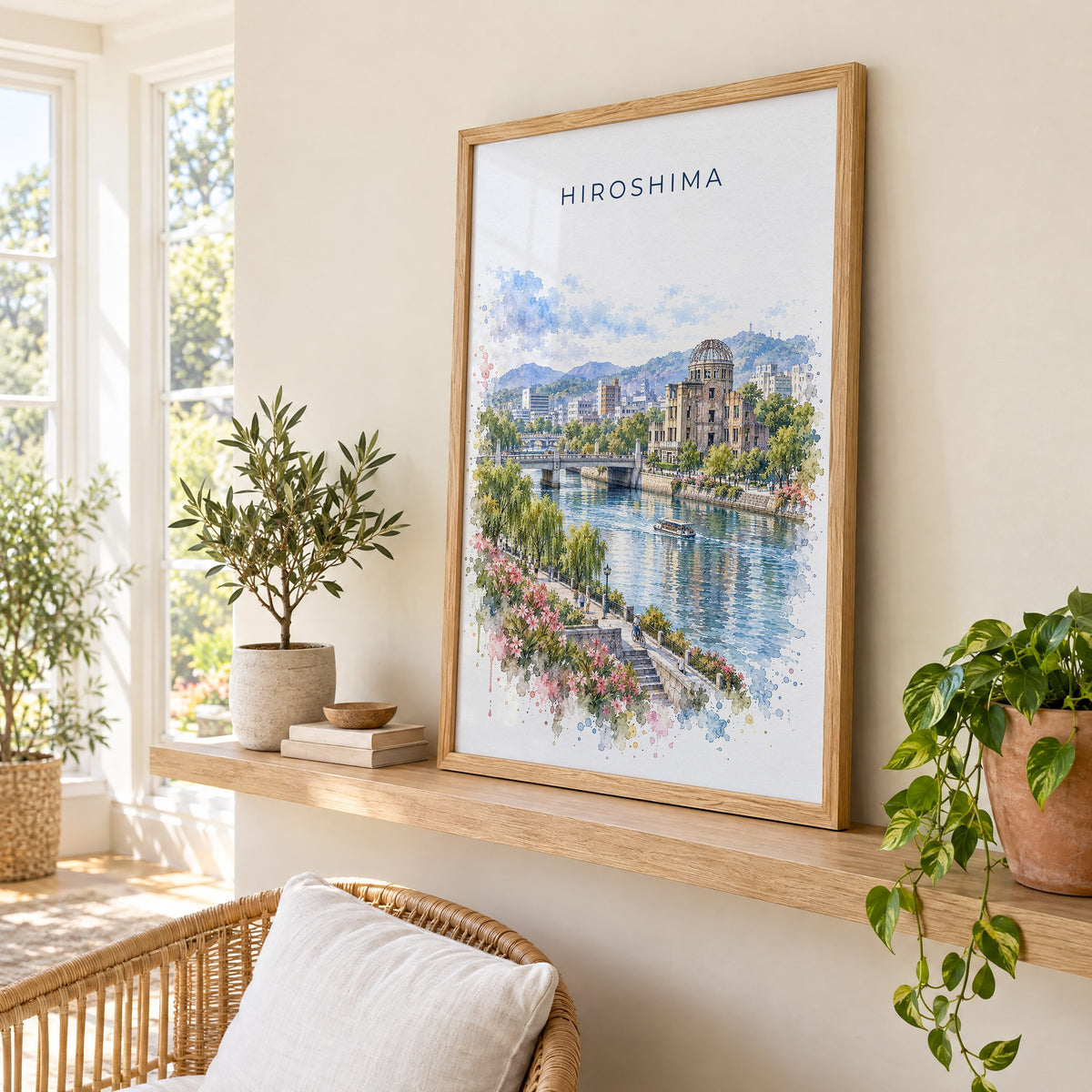Hiroshima watercolor print in an oak frame on a picture ledge in a sunlit sunroom