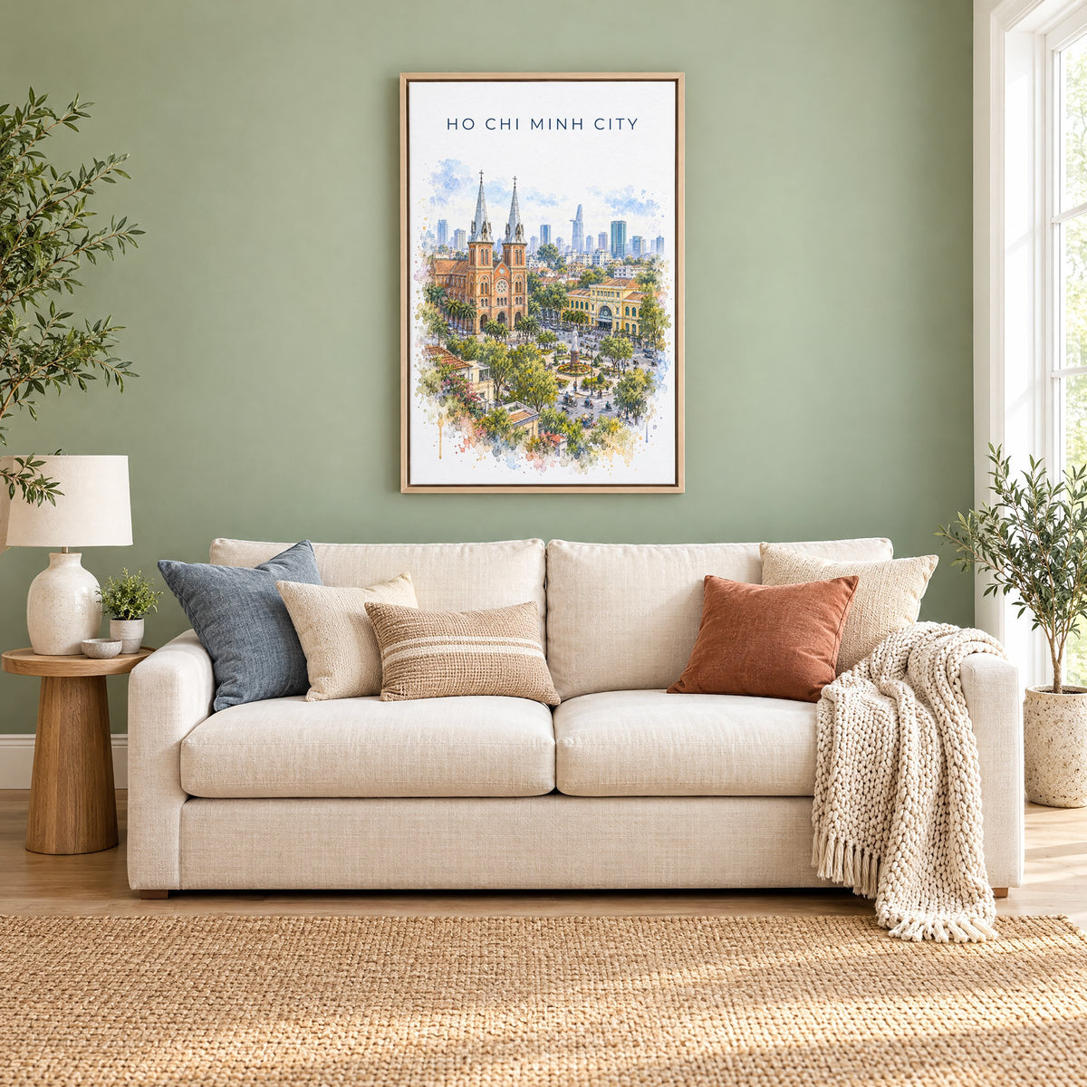Ho Chi Minh City watercolor print as a natural floater canvas above a cream linen sofa on a sage green wall