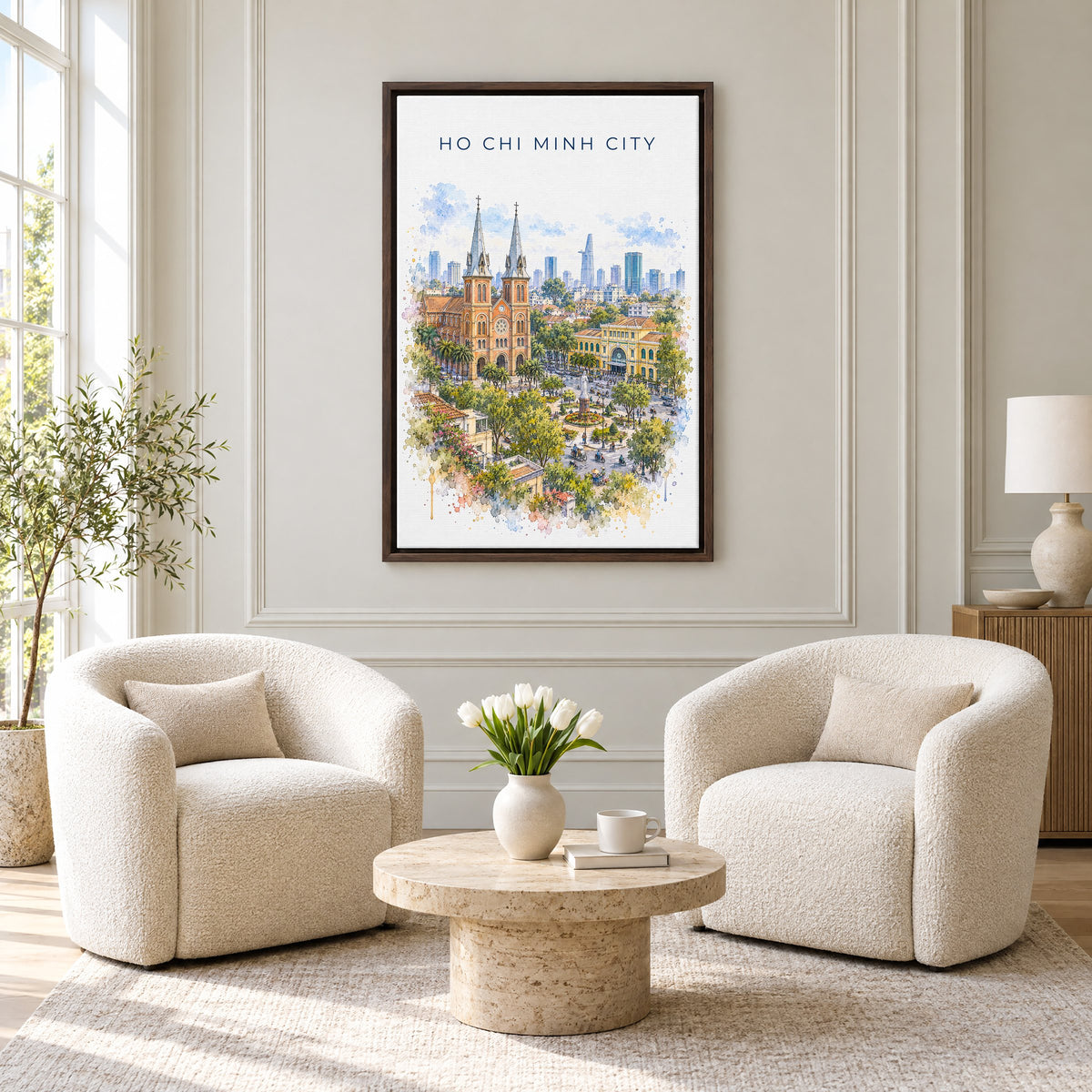 Ho Chi Minh City watercolor print as an espresso floater canvas above two boucle armchairs in a hotel lounge