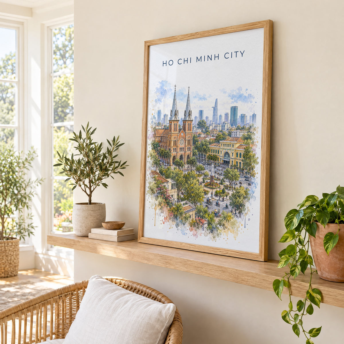 Ho Chi Minh City watercolor print in an oak frame on a picture ledge in a sunlit sunroom