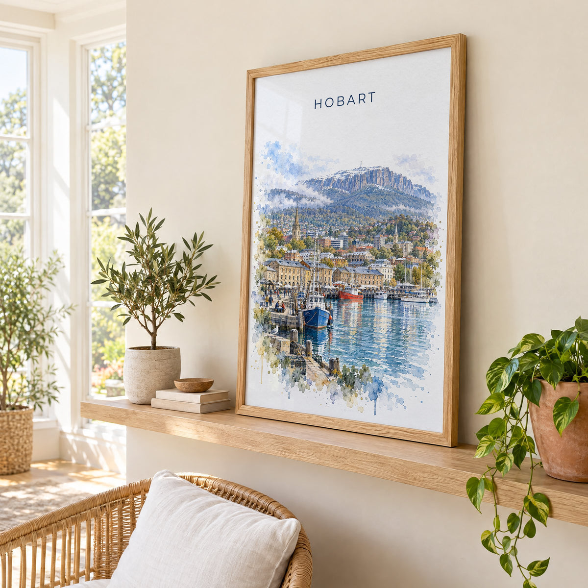 Hobart watercolor print in an oak frame on a picture ledge in a sunlit sunroom