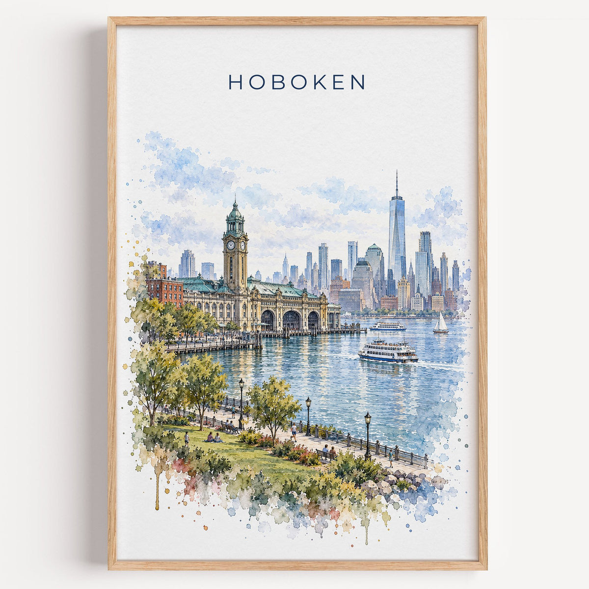 Hoboken watercolor print in a light oak frame on a plain white wall