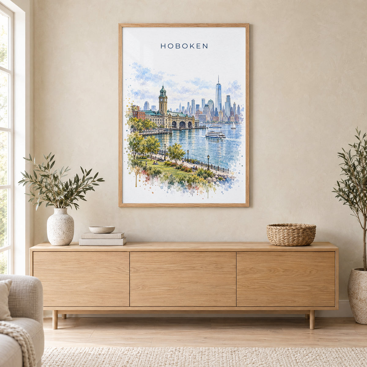 Hoboken watercolor print in an oak frame above a light wood sideboard in a Scandinavian living room