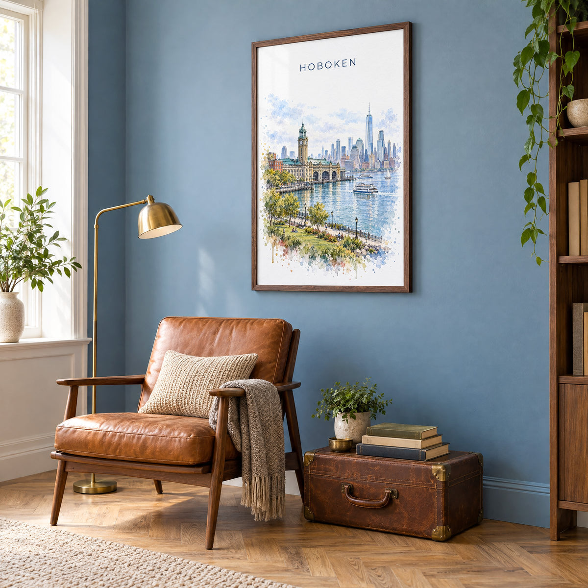 Hoboken watercolor print in a walnut frame on a blue wall above a leather armchair in a reading nook