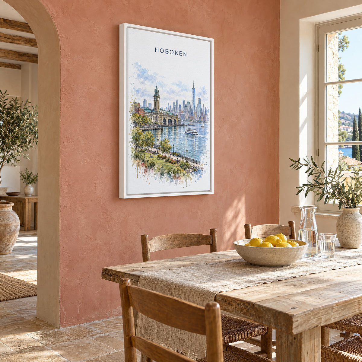 Hoboken watercolor print as a white floater canvas on a terracotta wall above a rustic dining table