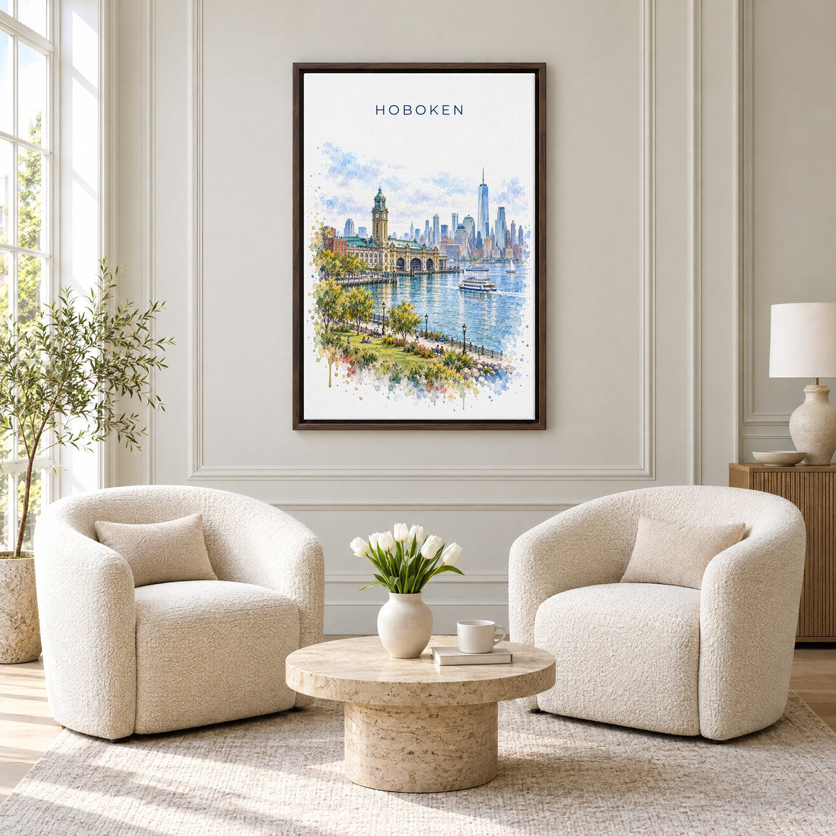 Hoboken watercolor print as an espresso floater canvas above two boucle armchairs in a hotel lounge