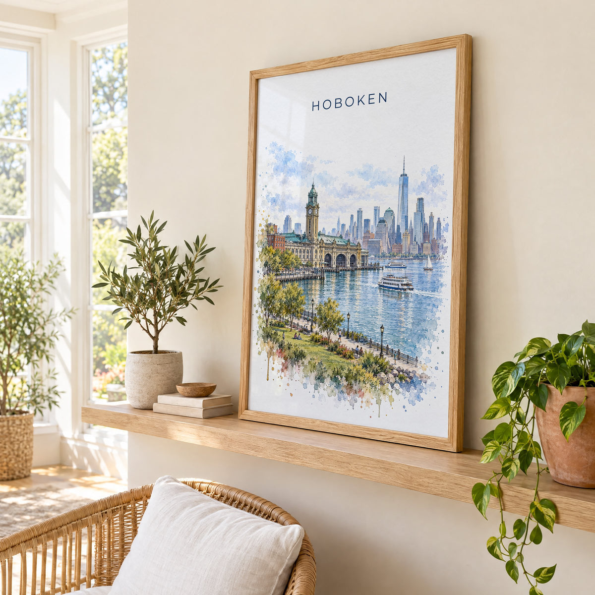 Hoboken watercolor print in an oak frame on a picture ledge in a sunlit sunroom