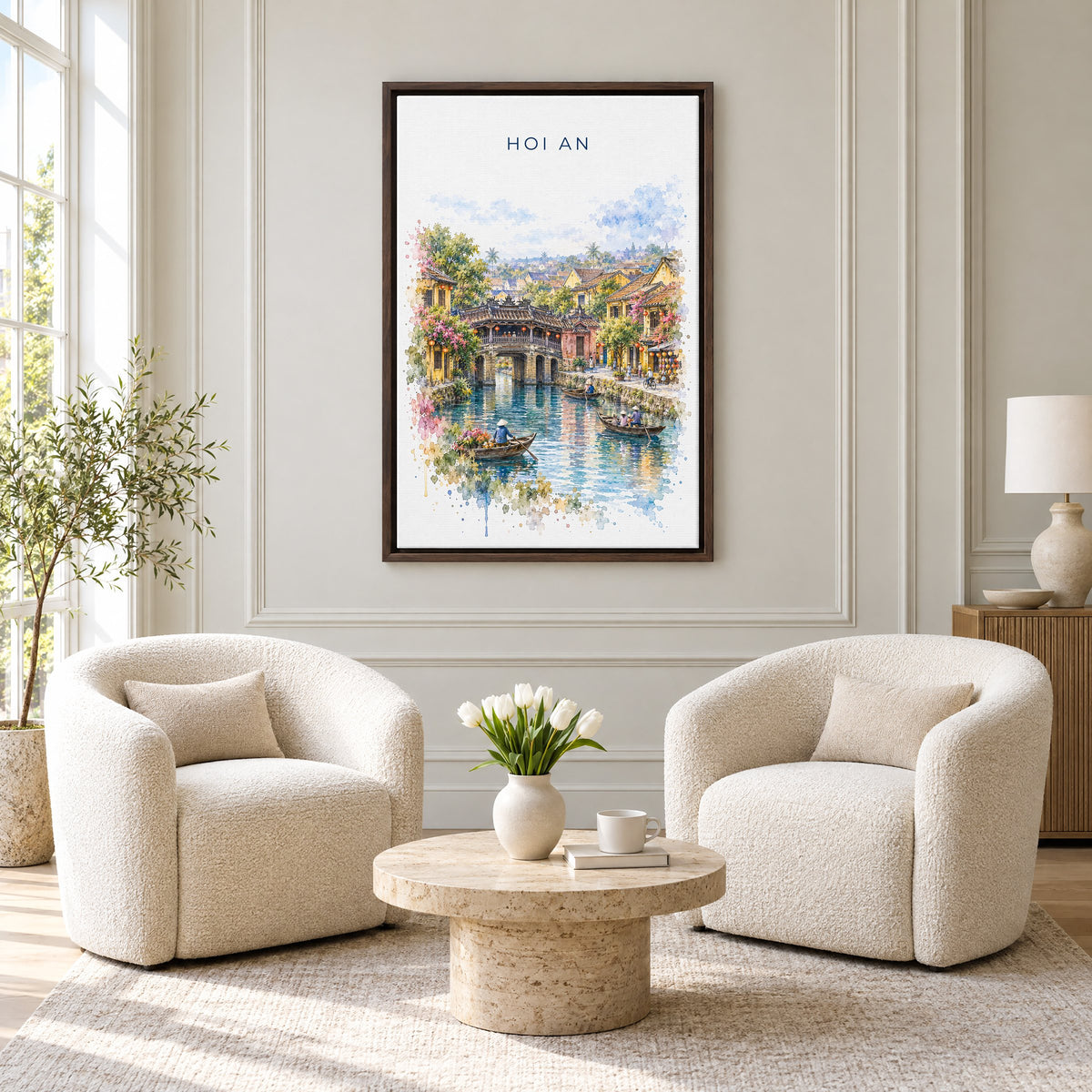 Hoi An watercolor print as an espresso floater canvas above two boucle armchairs in a hotel lounge