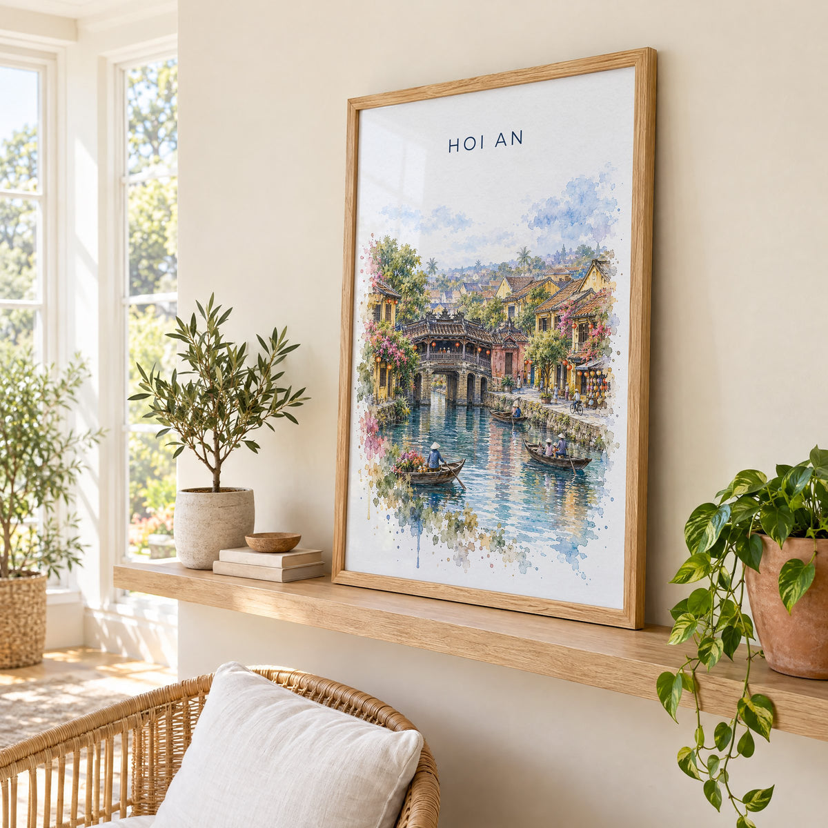 Hoi An watercolor print in an oak frame on a picture ledge in a sunlit sunroom