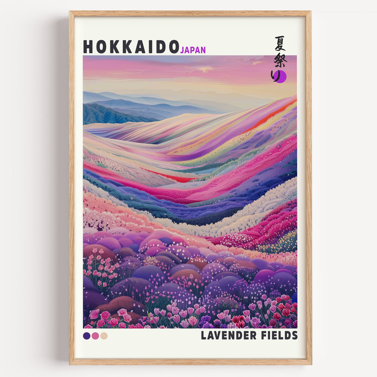 Hokkaido lavender fields print in a light oak frame on a plain white wall