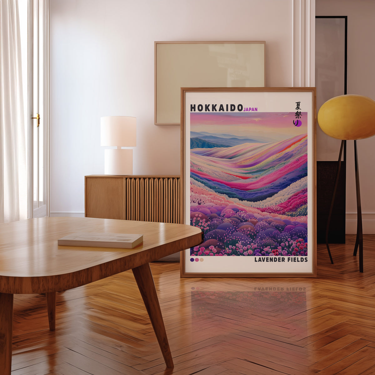 Hokkaido lavender fields print in a walnut frame leaning in a mid-century living room