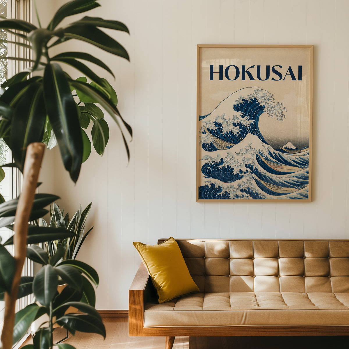 Great Wave with HOKUSAI title print in an oak frame above a tan tufted leather sofa with a mustard cushion
