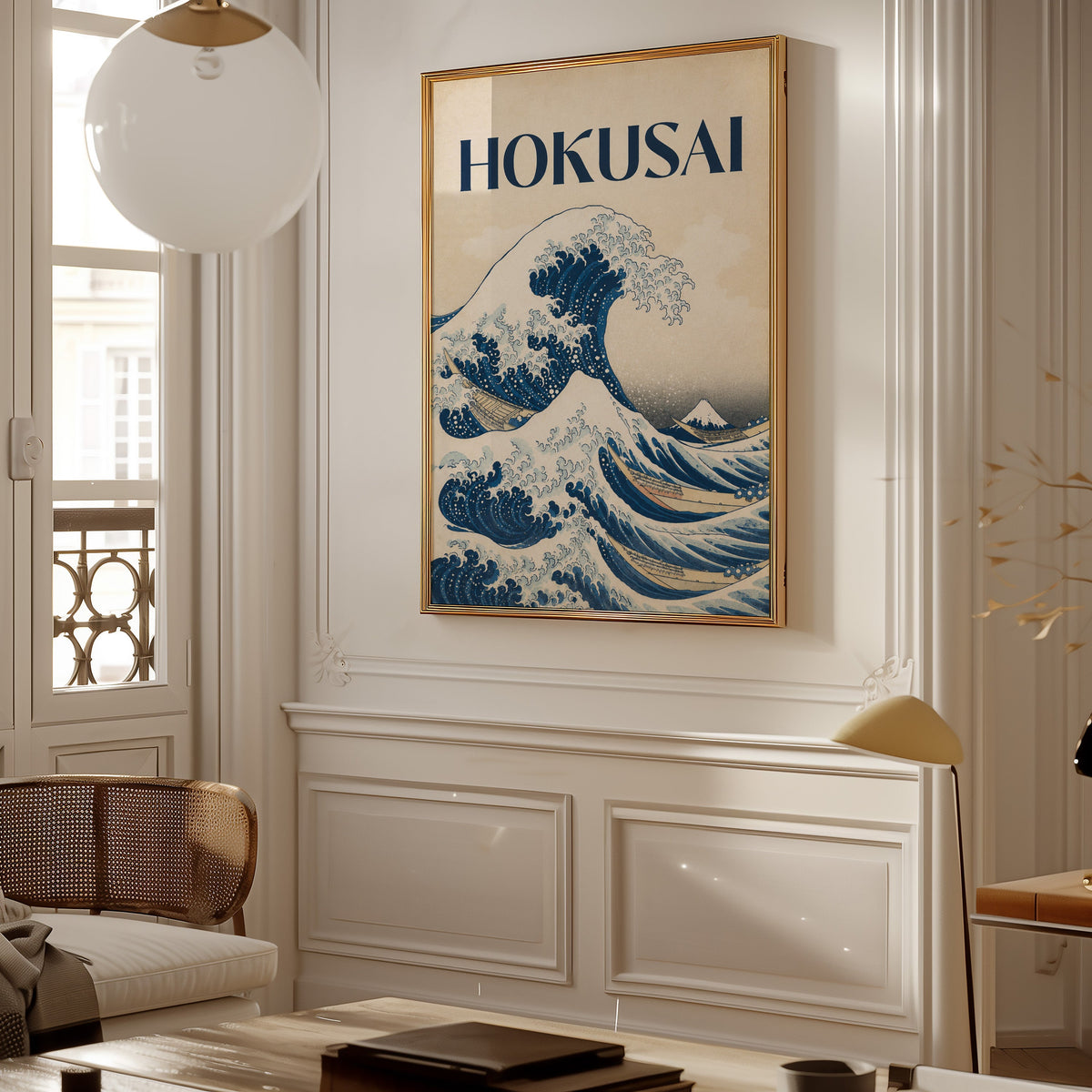 Great Wave with HOKUSAI title print shown in a gold frame on a paneled wall in a Parisian-style living room