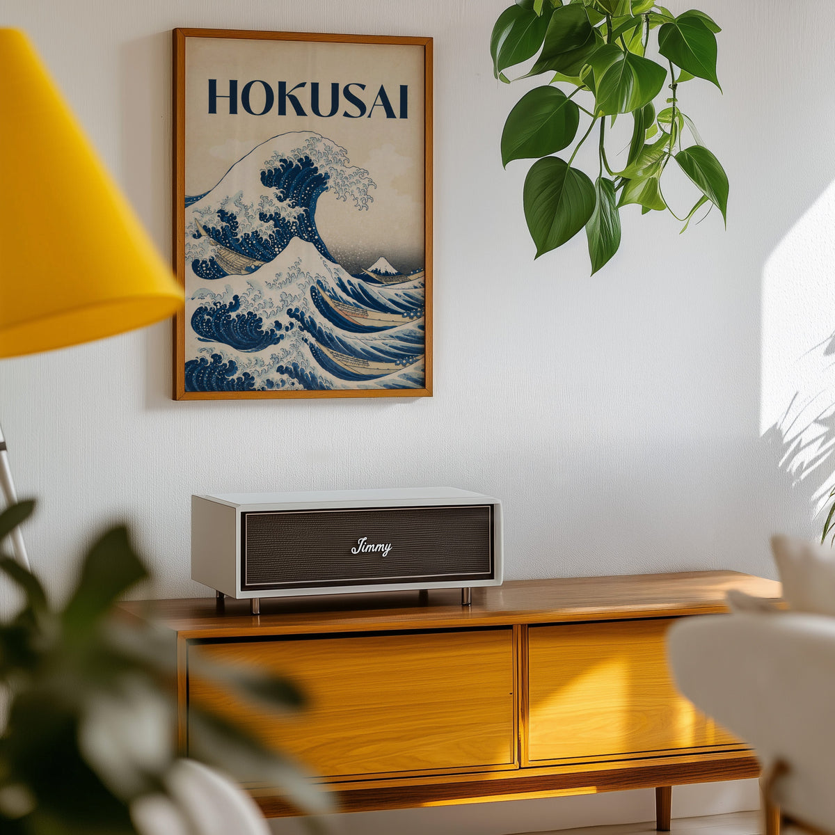 Great Wave with HOKUSAI title print in an oak frame above a teak mid-century sideboard with trailing pothos